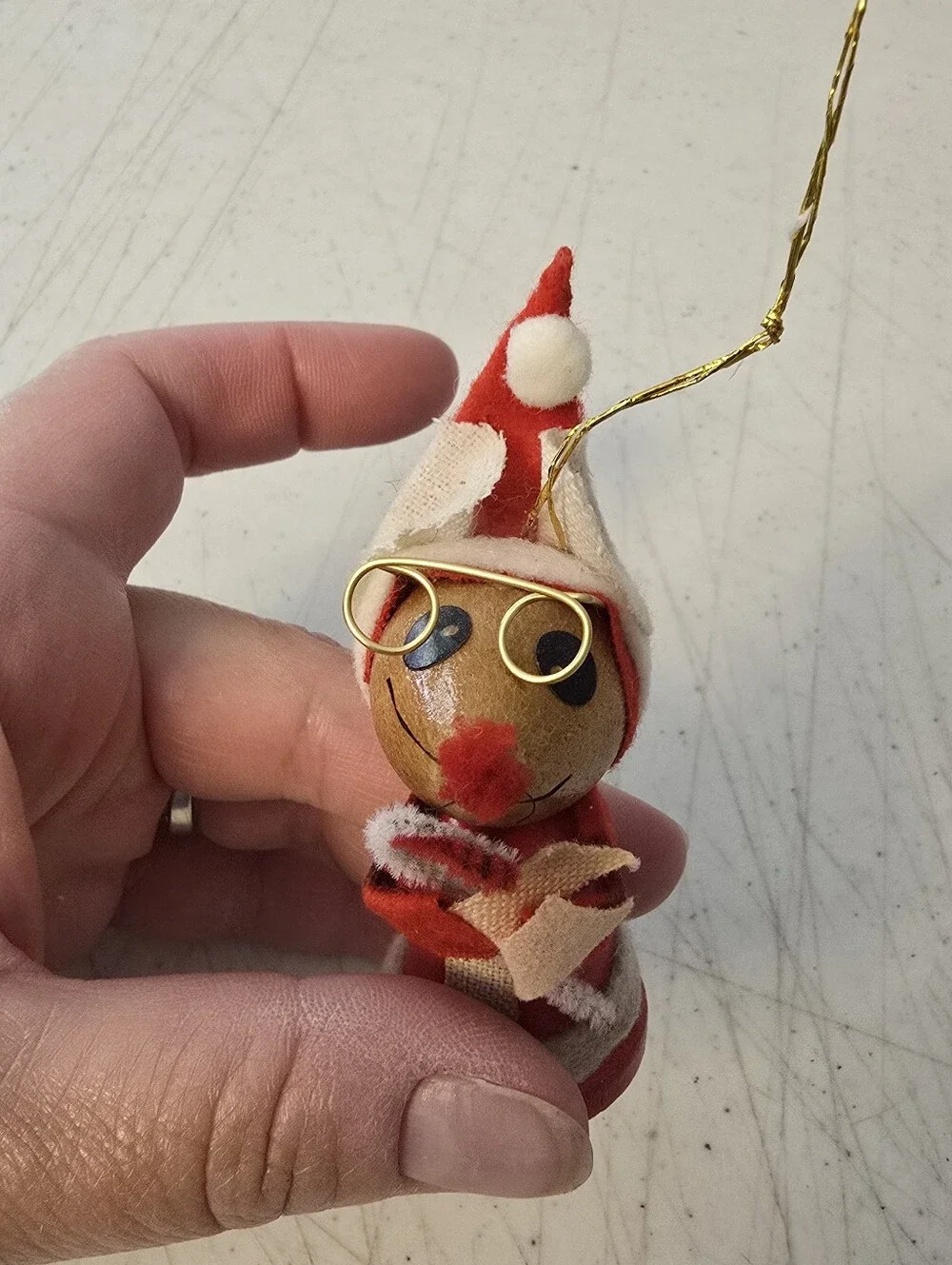 Vintage Wooden Felt Mrs. Clause Mouse Christmas Ornament STAINS SEE PHOTOS